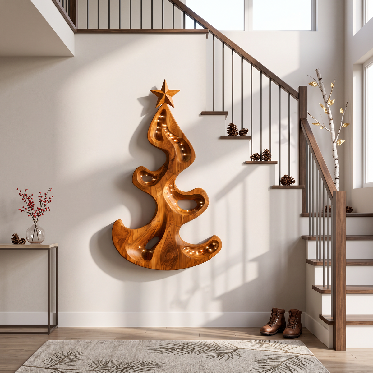 Rustic Christmas Wall Sculpture With Freeform Tree Design For Entryway