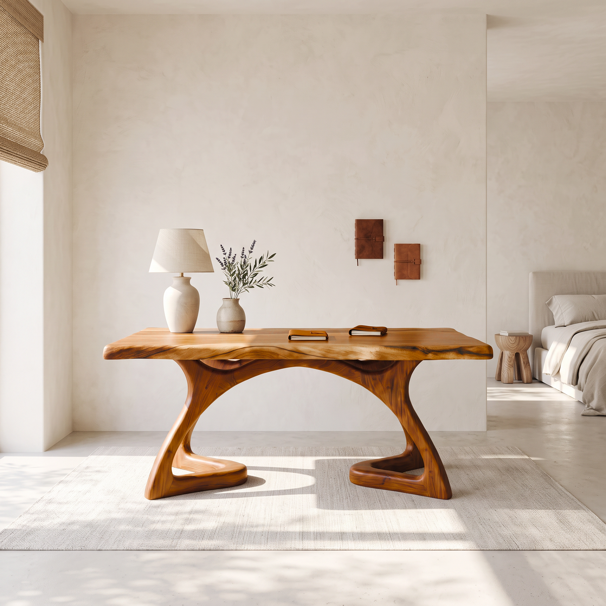 Rustic Executive Desk With Curved Open Frame Legs For Workspace