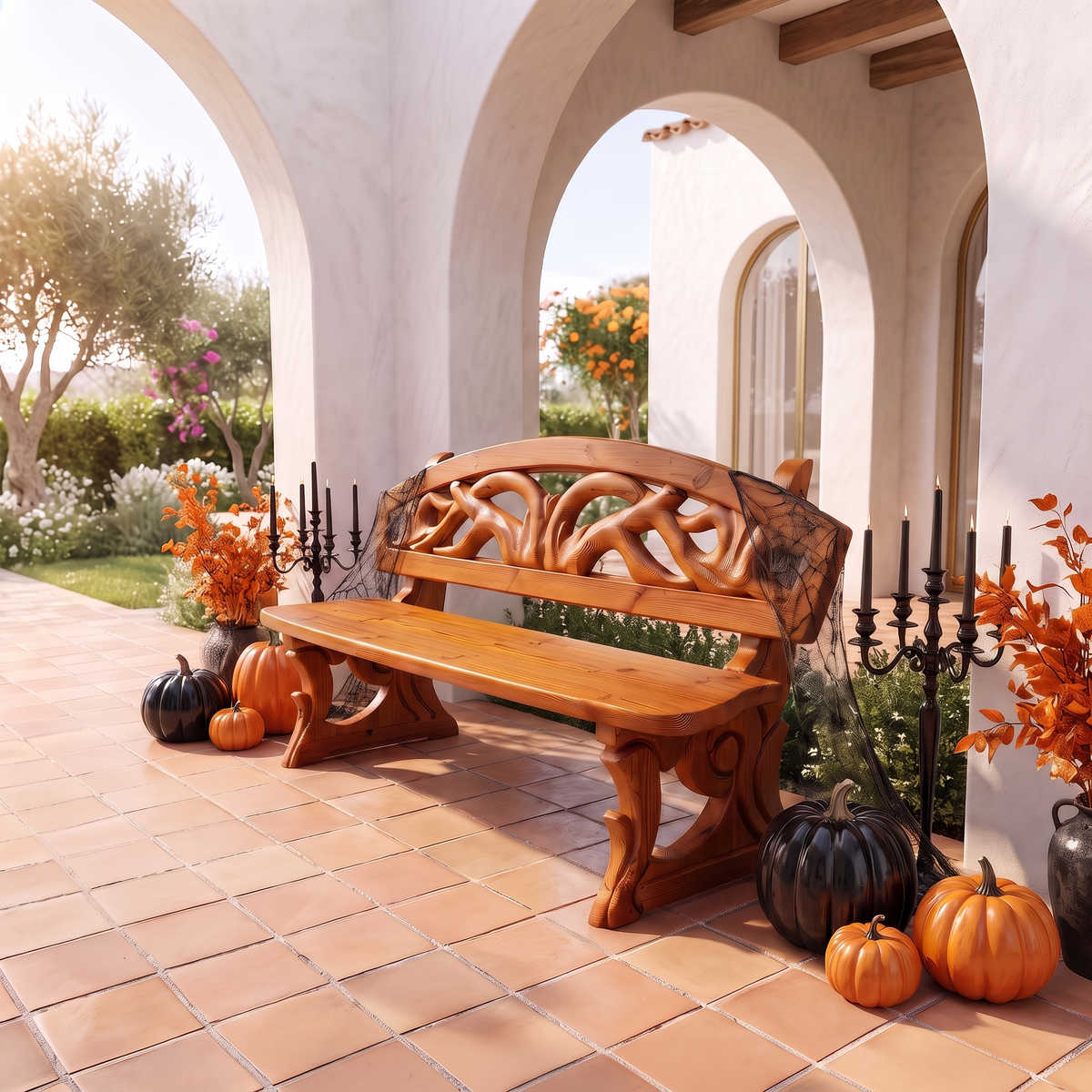 Gothic Halloween Outdoor Bench With Twisted Tree Design For Garden