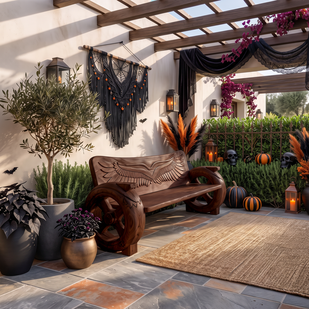 Natural Halloween Garden Bench With Sculptural Branch Back For Porch
