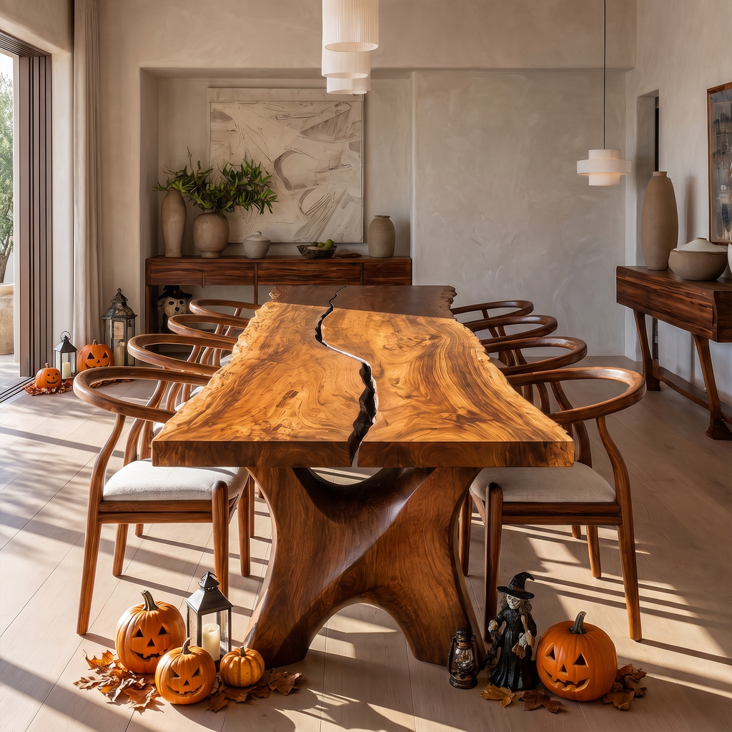 Rustic Halloween Dining Table With Sculptural Live Edge Design For Dining Room