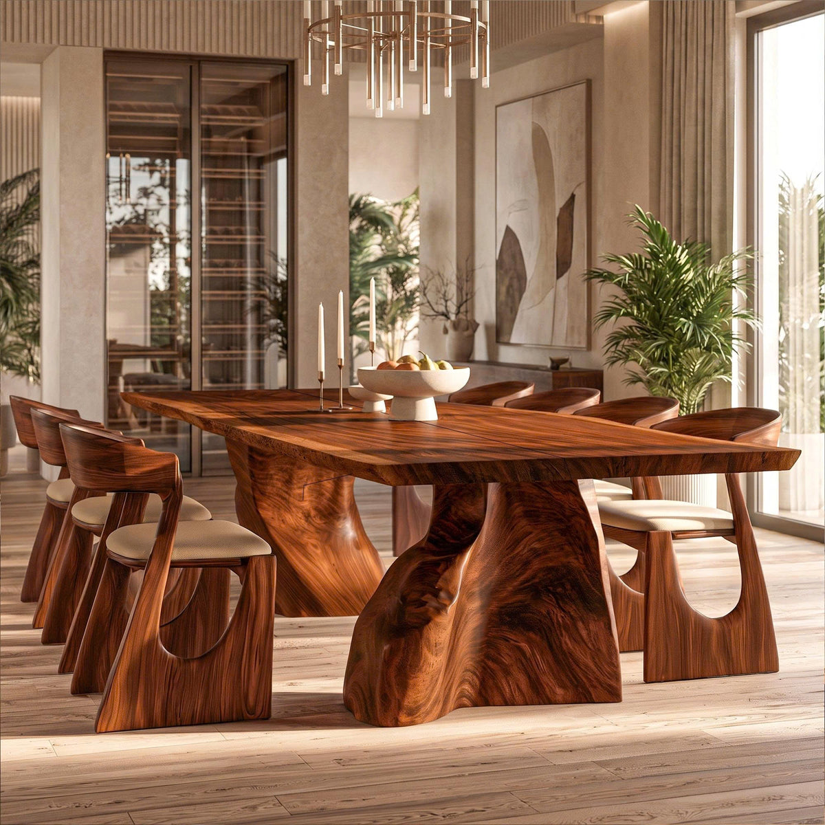 Modern Live Edge Dining Table With Sculptural Tree Trunk Base For Dining Room