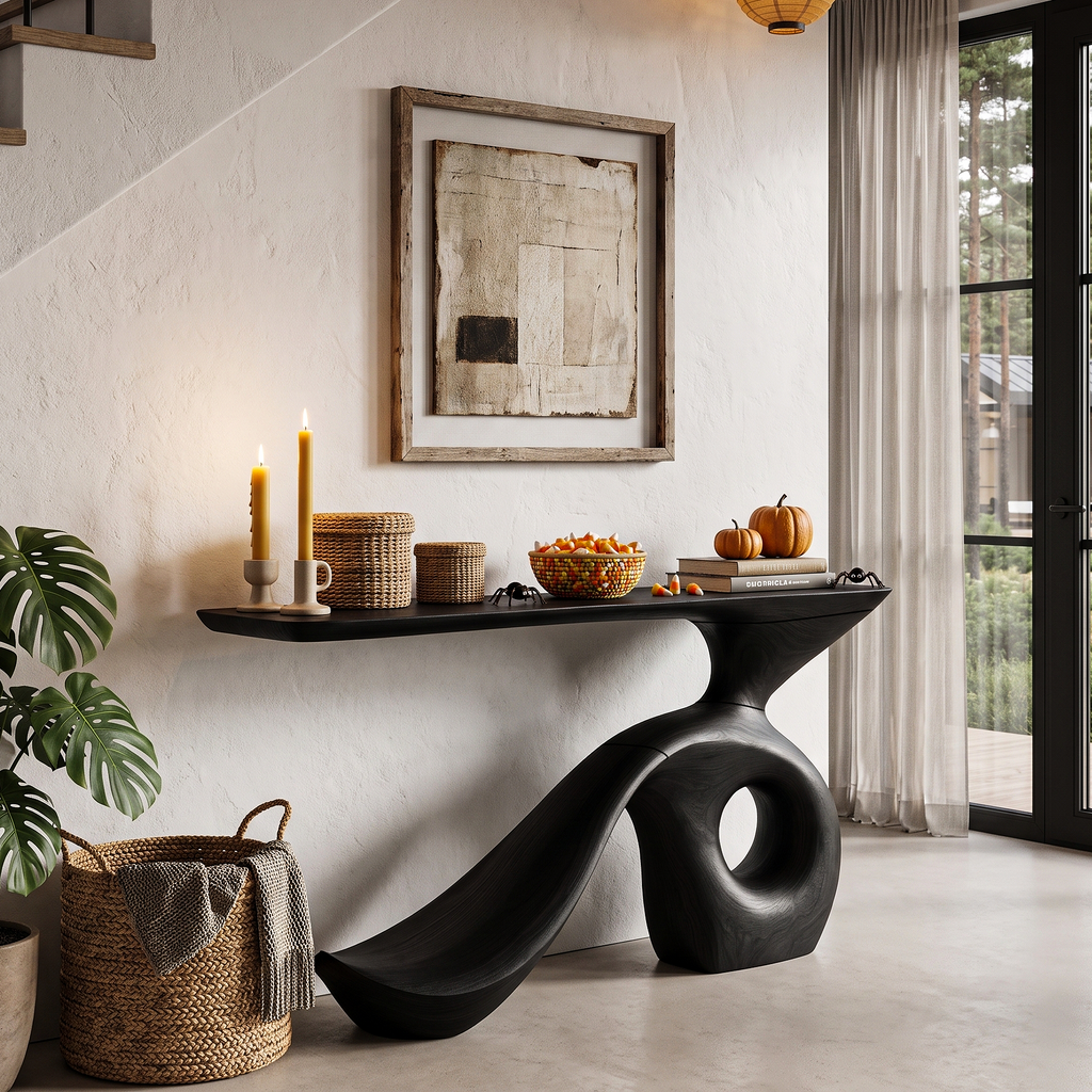 Modern Halloween Entryway Table With Sculptural Open Frame For Hallway
