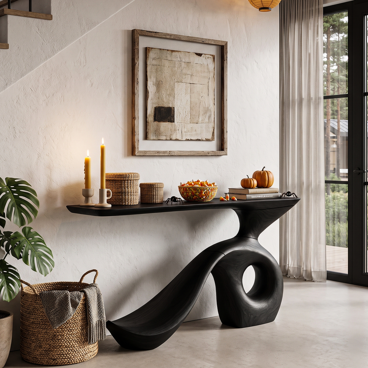 Modern Halloween Entryway Table With Sculptural Open Frame For Hallway