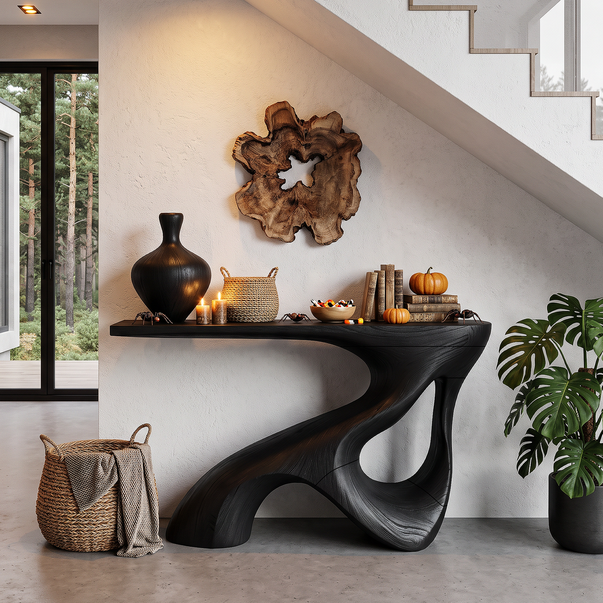 Rustic Halloween Console Table With Branch Inspired Hollow Base For Living Room