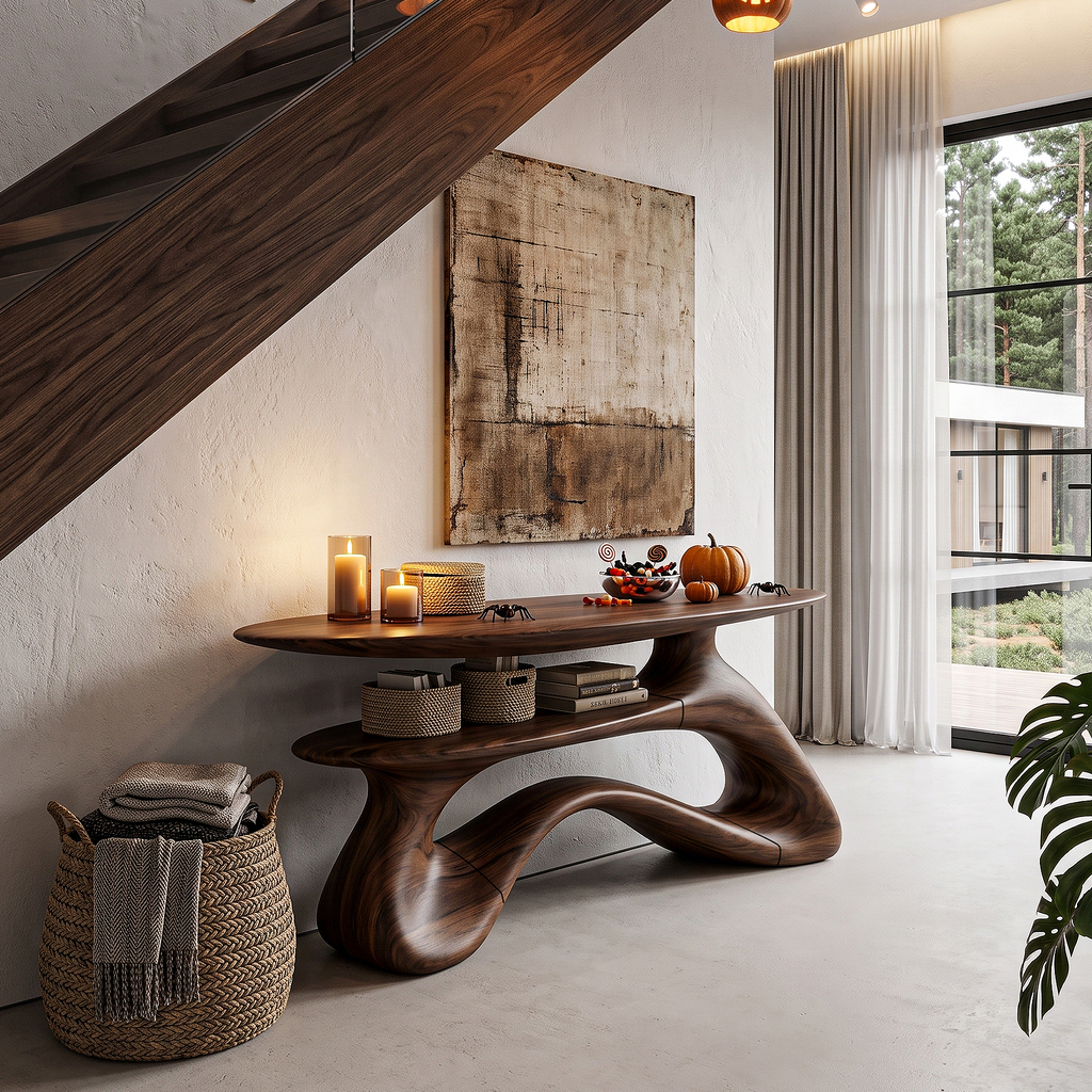 Modern Halloween Entryway Table With Open Storage Shelf And Hollow Frame For Hallway