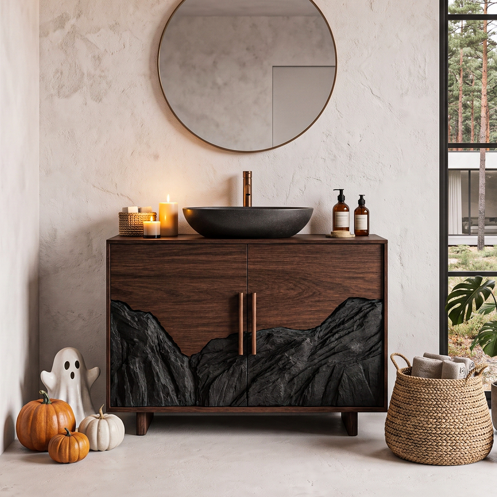 Rustic Halloween Bathroom Vanity Cabinet With Haunted Mountain Design For Bathroom
