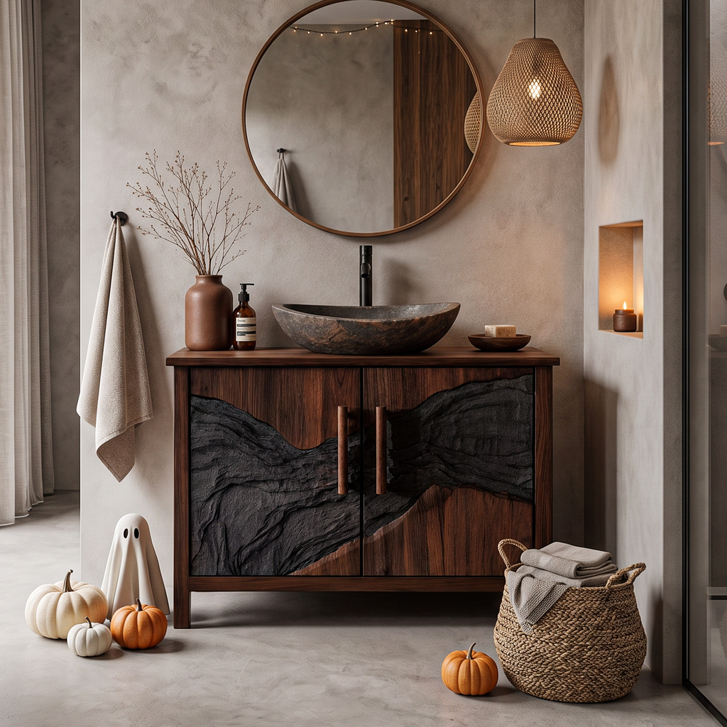 Modern Halloween Vessel Sink Vanity With Dark Mountain Relief For Bathroom