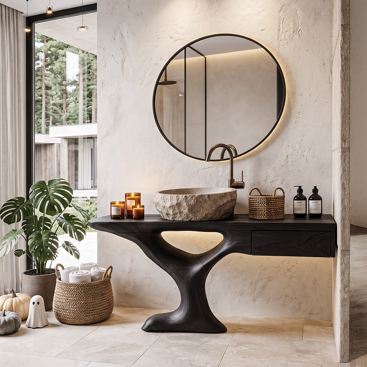 Rustic Halloween Vessel Sink Vanity With Sculptural Tree Frame For Bathroom