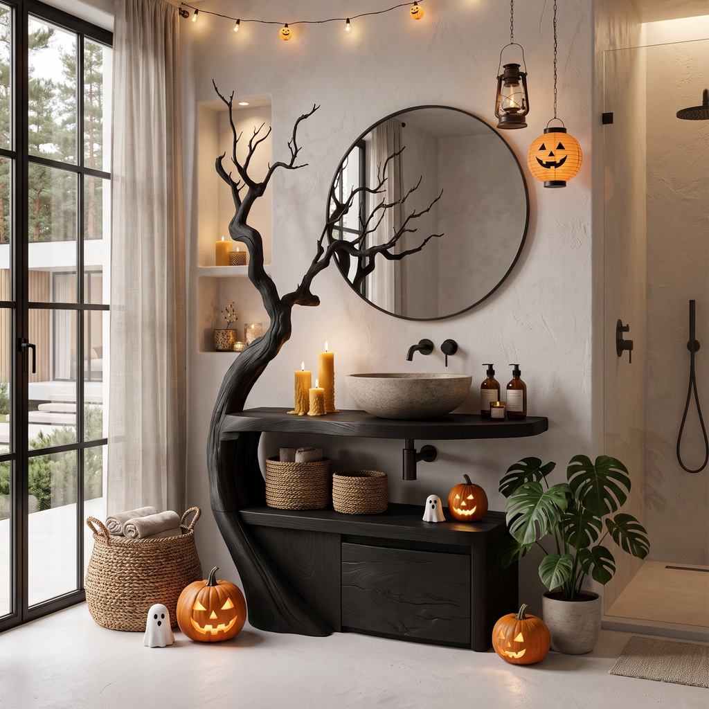 Gothic Halloween Bathroom Vanity With Haunted Tree Branch Design For Bathroom