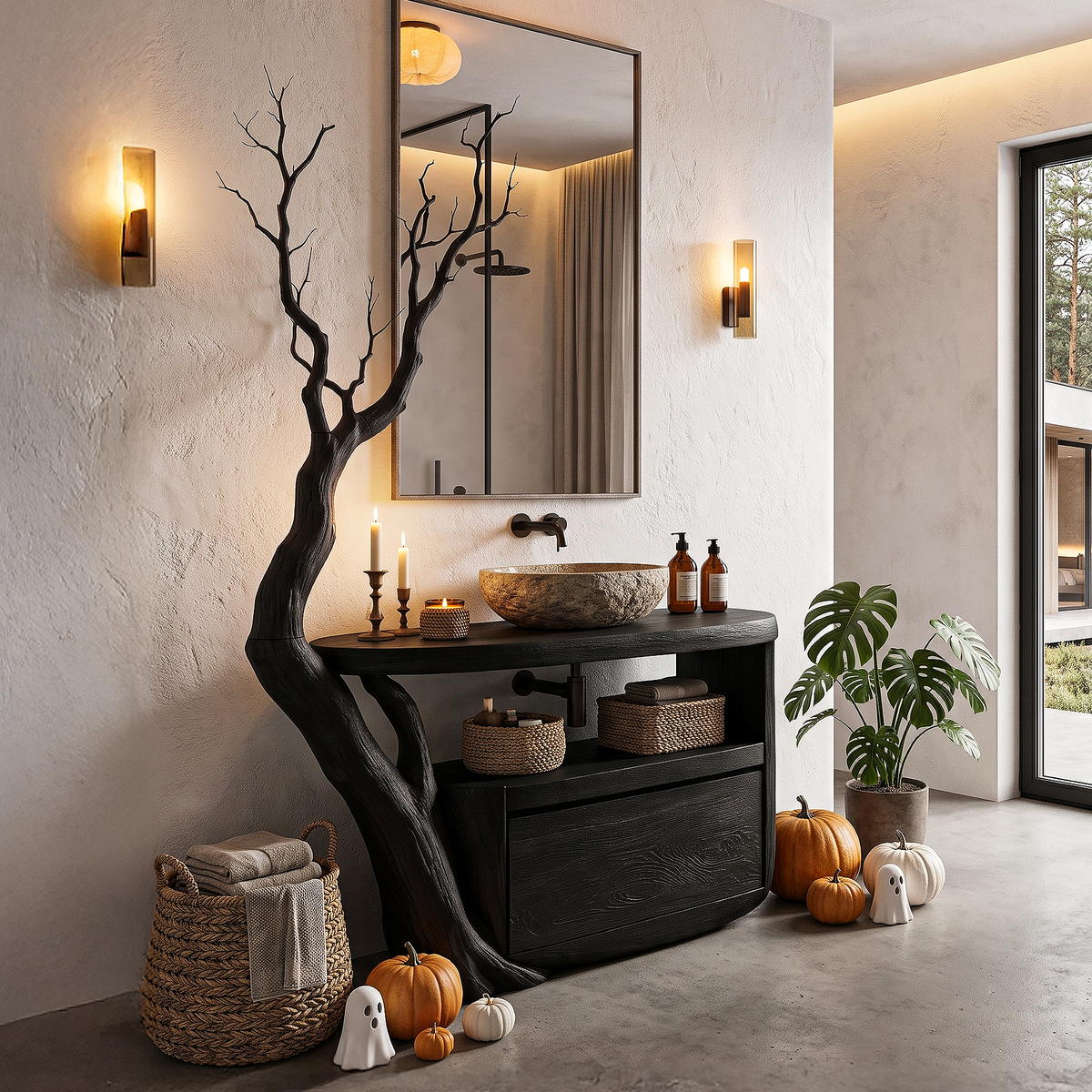 Natural Halloween Tree Bathroom Vanity With Open Shelf Storage For Bathroom