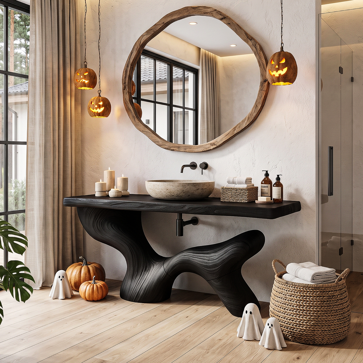 Modern Halloween Bathroom Sink Cabinet With Dark Branch Design For Bathroom