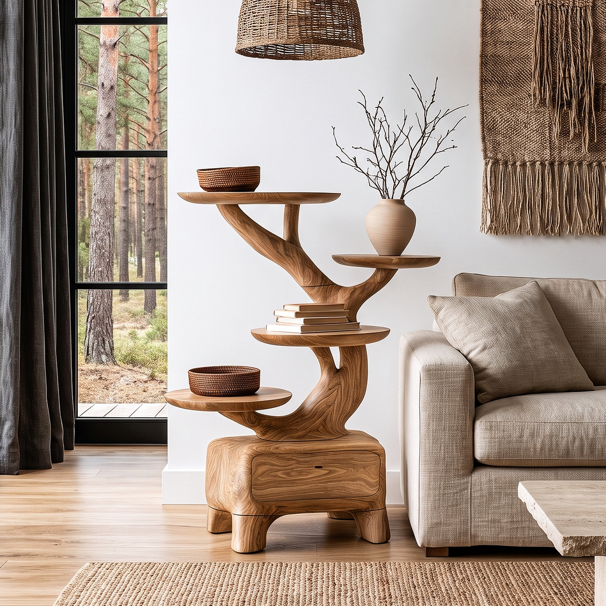 Natural Sculptural Side Table With Branch Display Shelves For Living Room