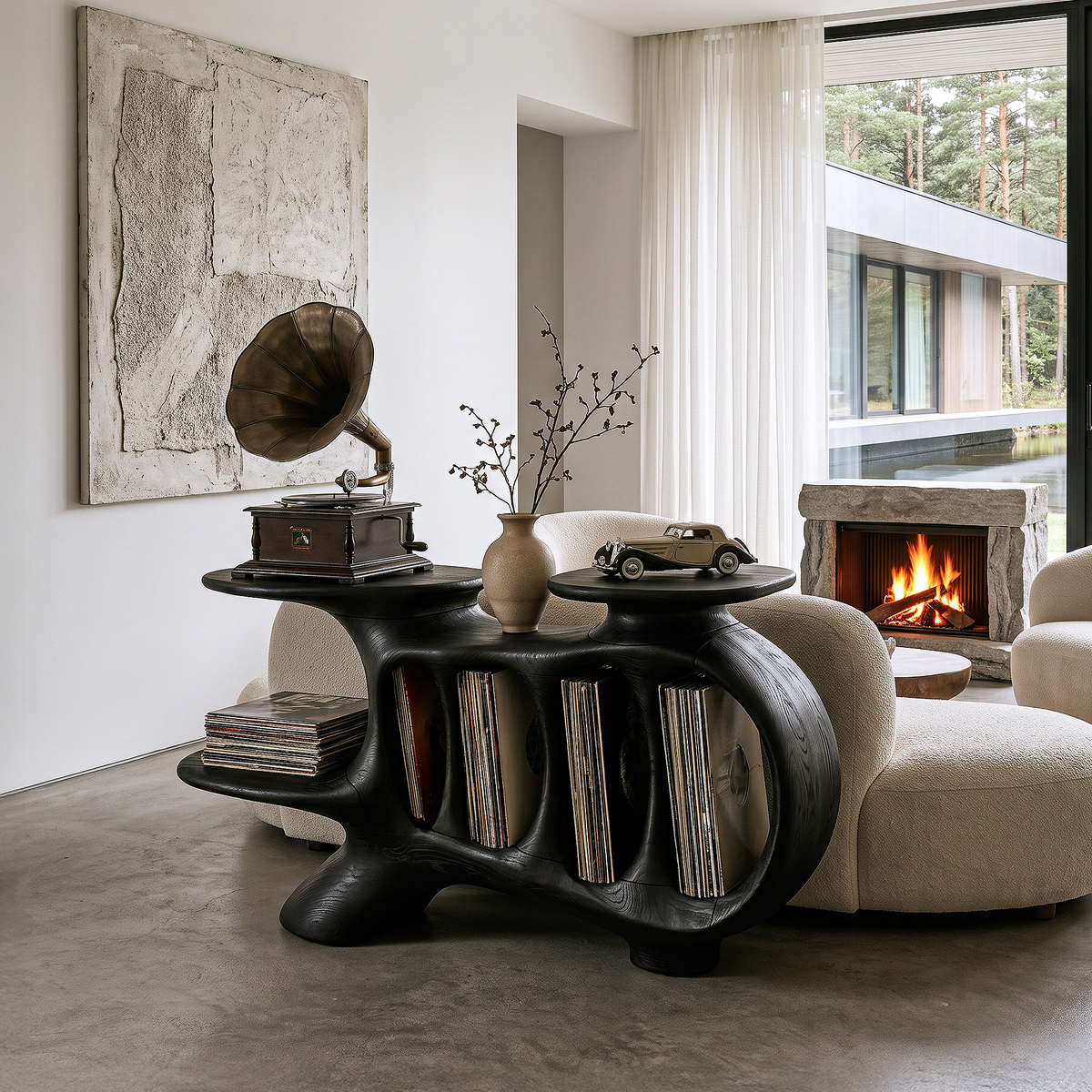 Natural Turntable Console With Sculptural Display Sections For Living Room