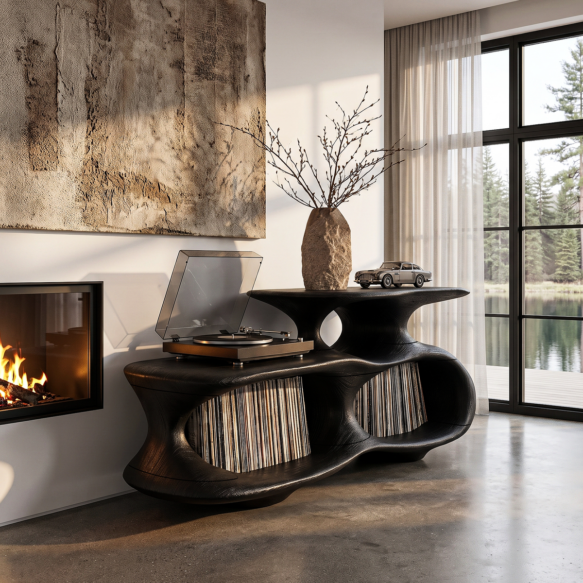 Modern Vinyl Record Stand With Asymmetrical Curved Compartments For Hallway
