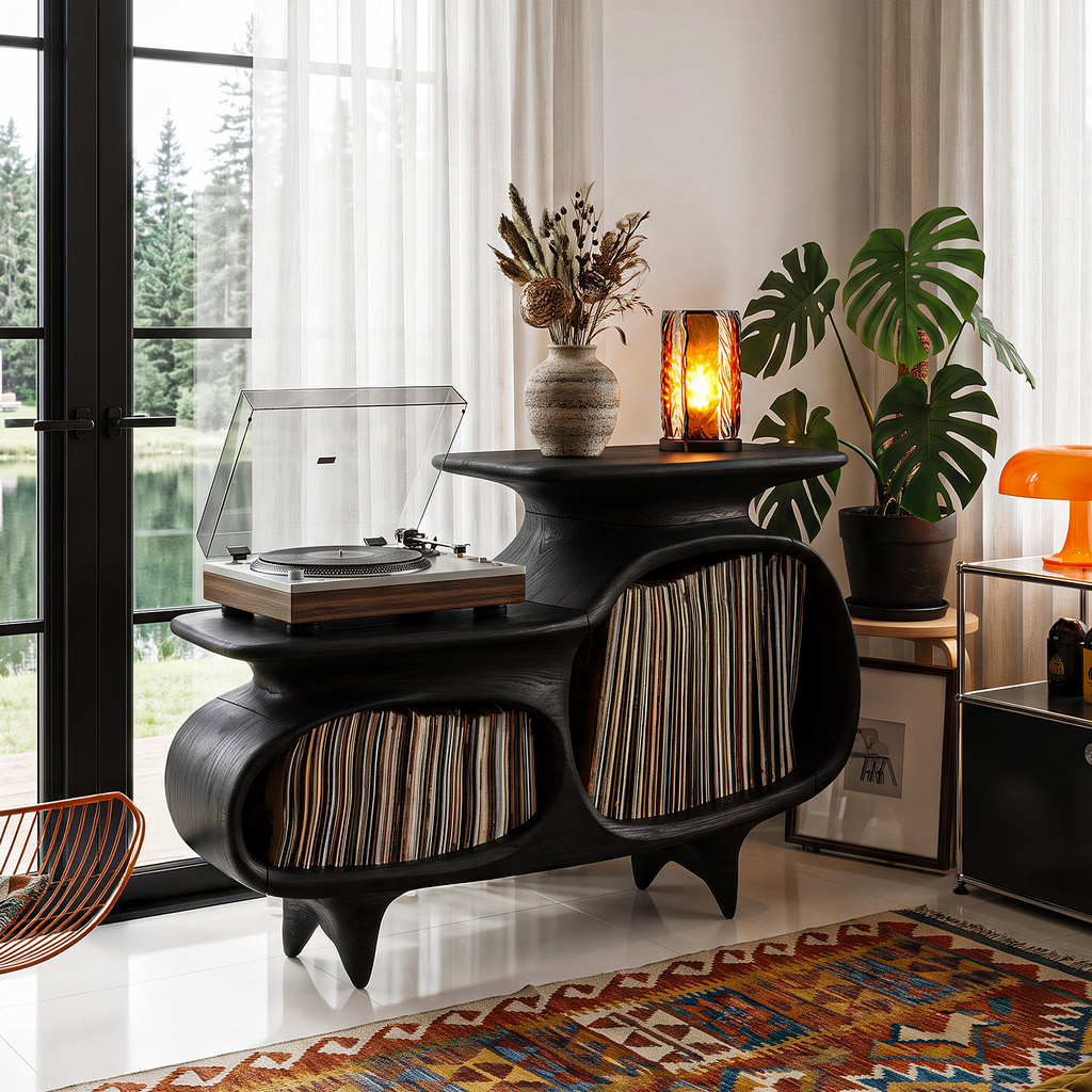 Modern Media Console With Vinyl Storage And Curved Display Compartments For Entryway