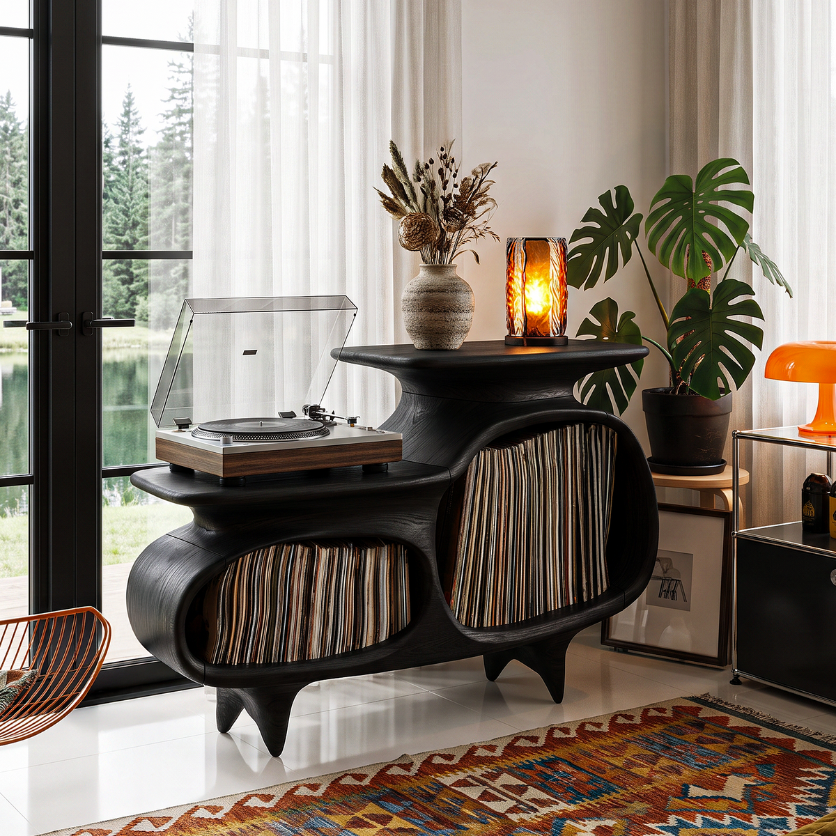 Modern Media Console With Vinyl Storage And Curved Display Compartments For Entryway