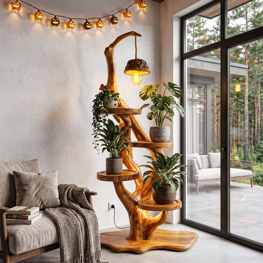 Rustic Halloween Tree Plant Stand With Hanging Lamp For Living Room