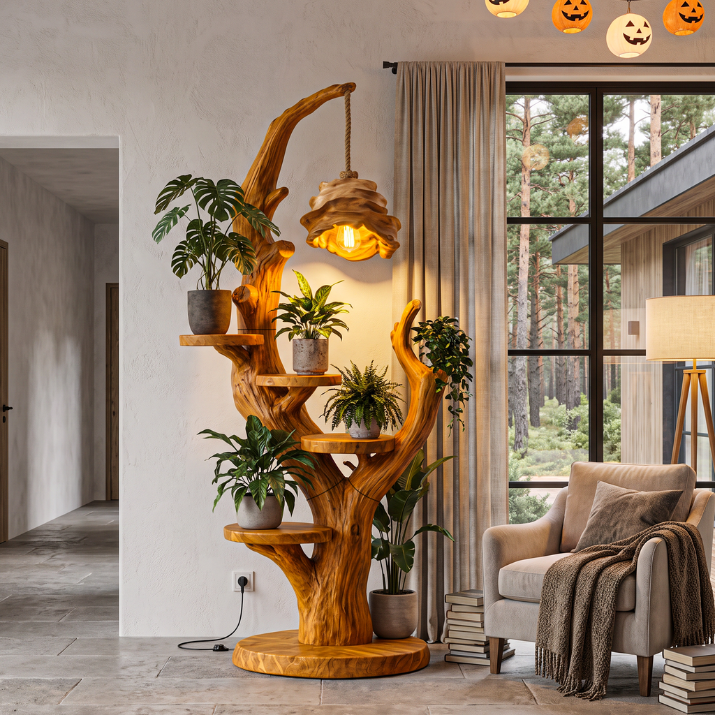 Contemporary Halloween Plant Display Stand With Floating Circular Shelves For Entryway