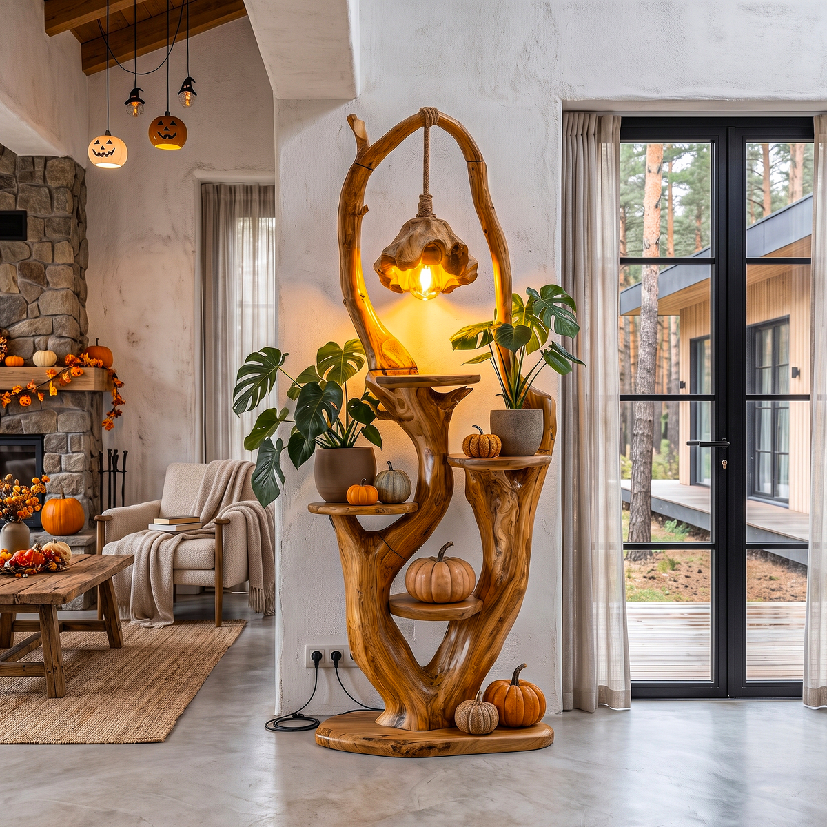 Rustic Halloween Tree Plant Stand With Hanging Lantern Canopy For Entryway