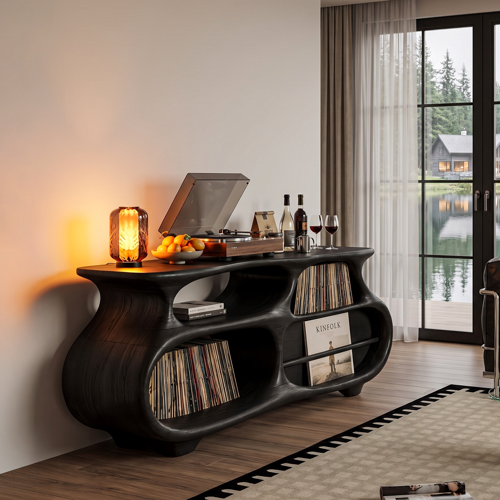 Mid Century Vinyl Record Stand With Artistic Flowing Silhouette For Entryway