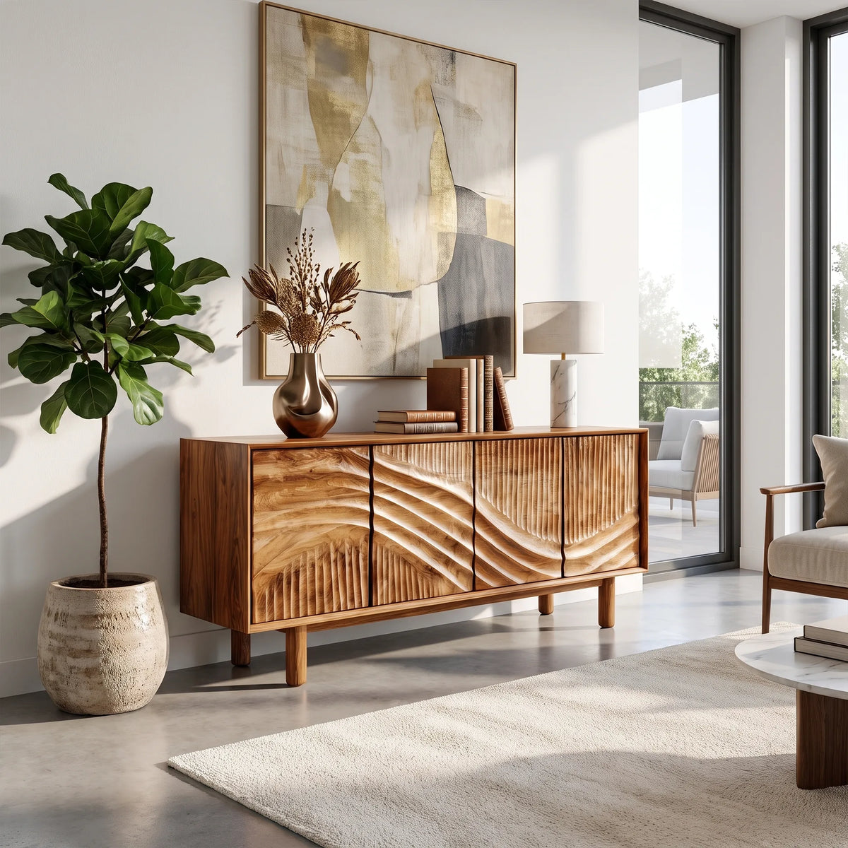 Textured Sideboard Sideboard Cabinet Modern Sideboard Wave Carved Doors For Living Room