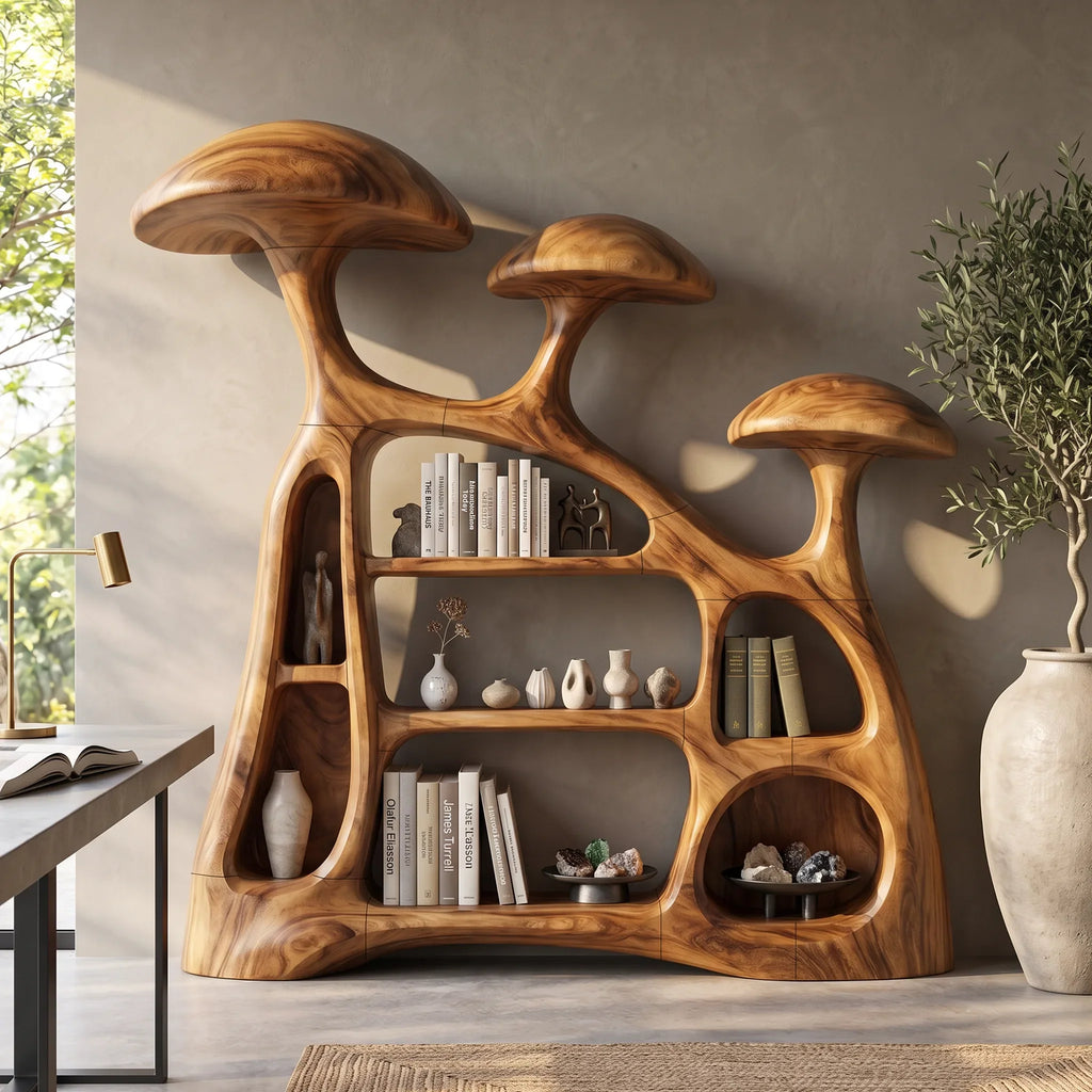 Modern Organic Mushroom Bookshelf Open Living Room