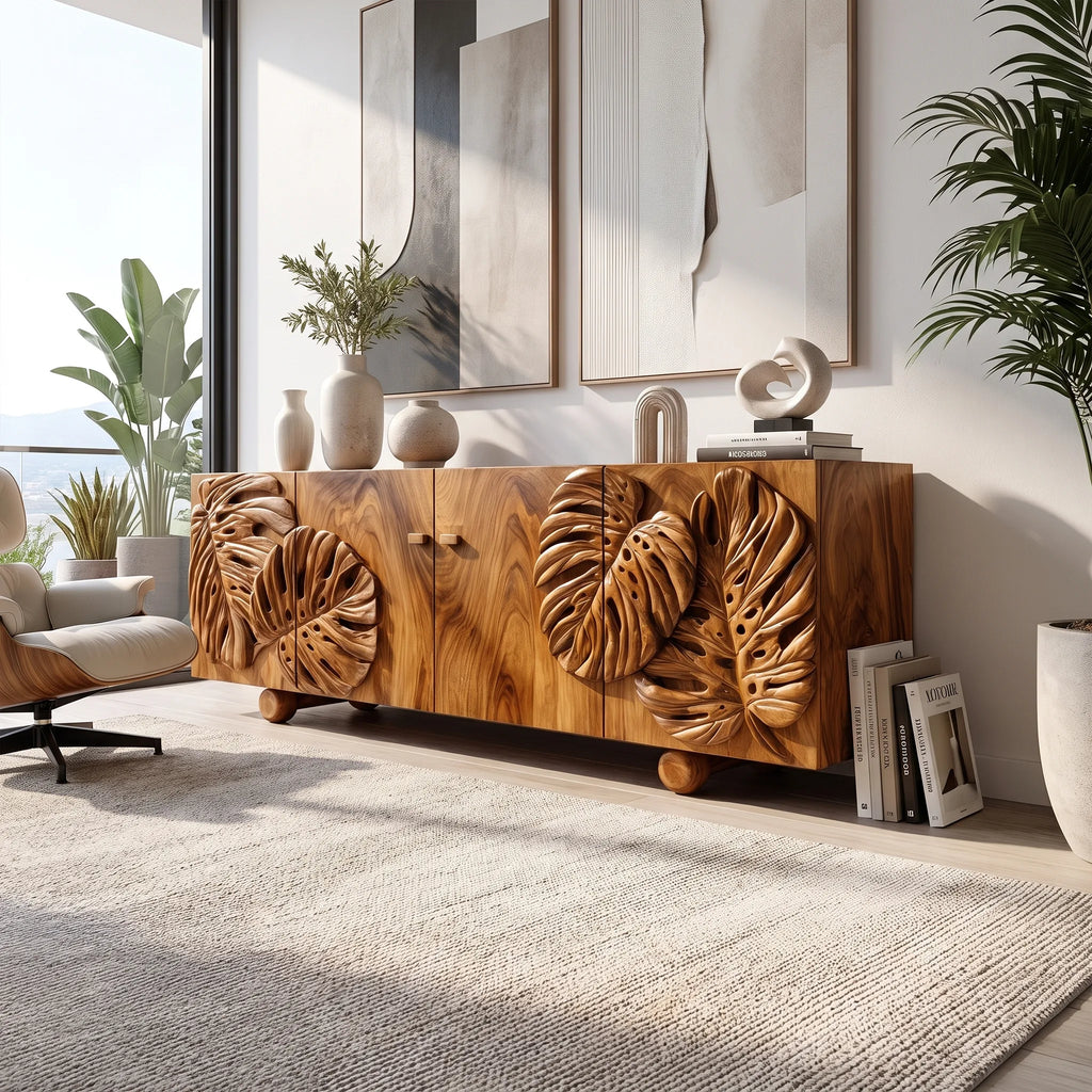 Botanical Sideboard Sideboard Storage Cabinet Modern Sideboard Tropical Leaf Carving For Living Room
