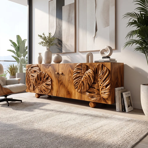 Botanical Sideboard Sideboard Storage Cabinet Modern Sideboard Tropical Leaf Carving For Living Room