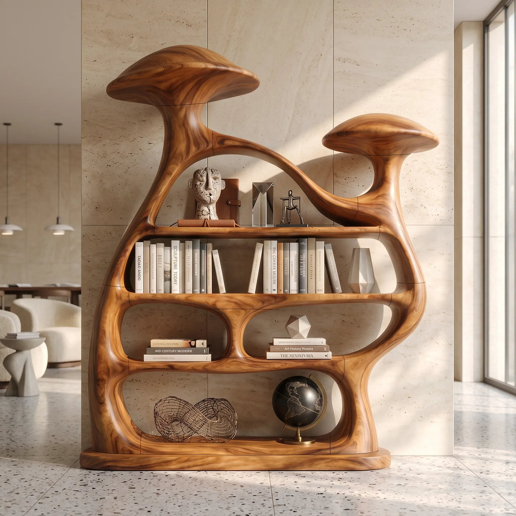 Organic Wide Mushroom Bookcase Modern Living Room