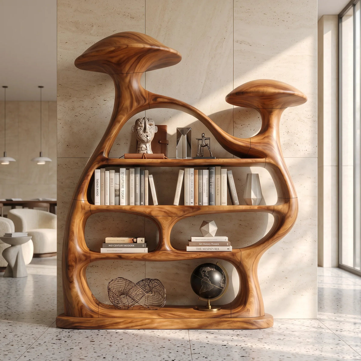 Organic Wide Mushroom Bookcase Modern Living Room