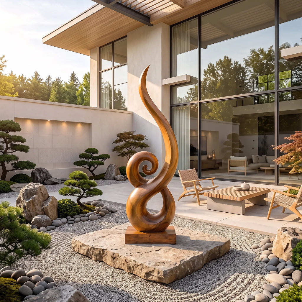 Japandi Abstract Swirl Wooden Sculpture For Zen Garden Decor