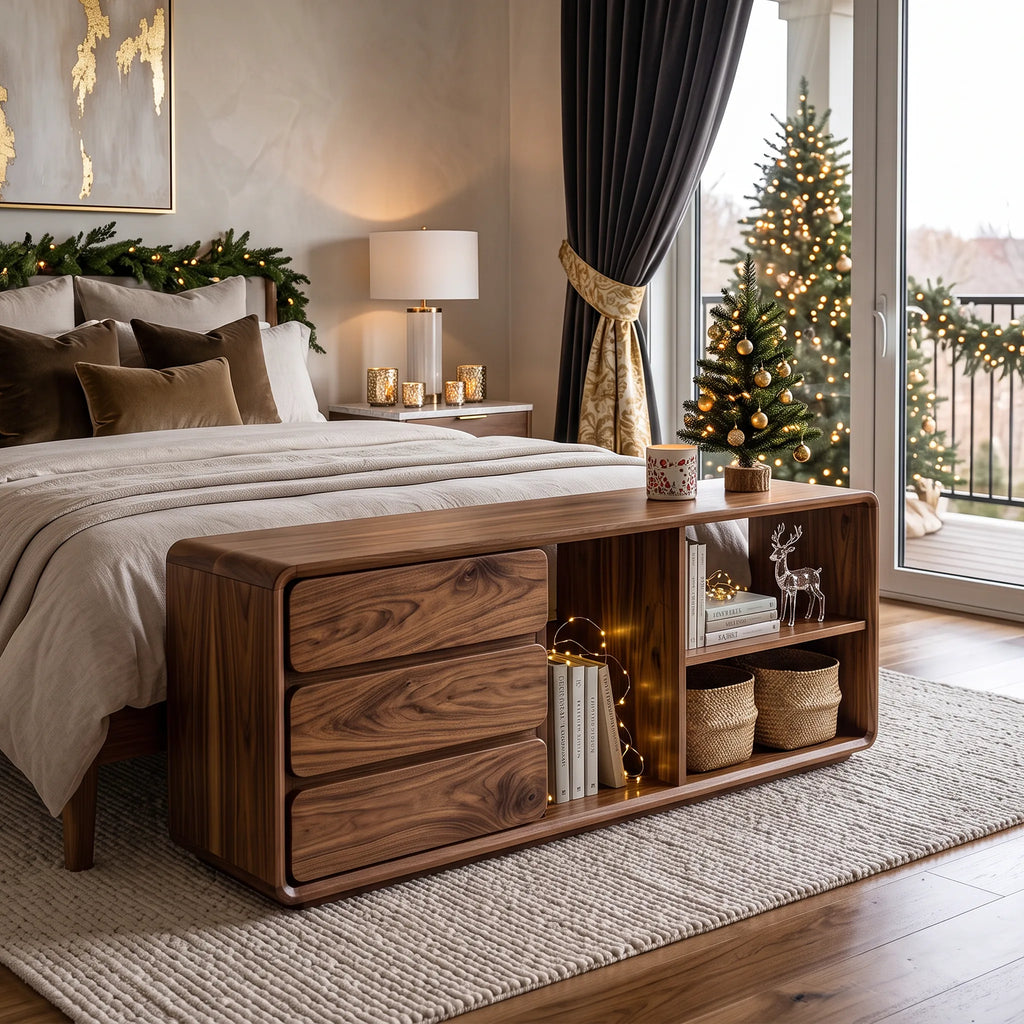 Minimalist Xmas Bedroom Storage Bench Reindeer Decor