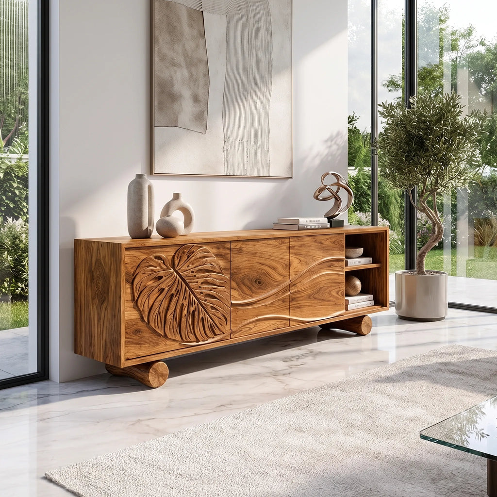 Organic Sideboard Cabinet Modern Sideboard Buffet Cabinet Monstera Carving For Living Room