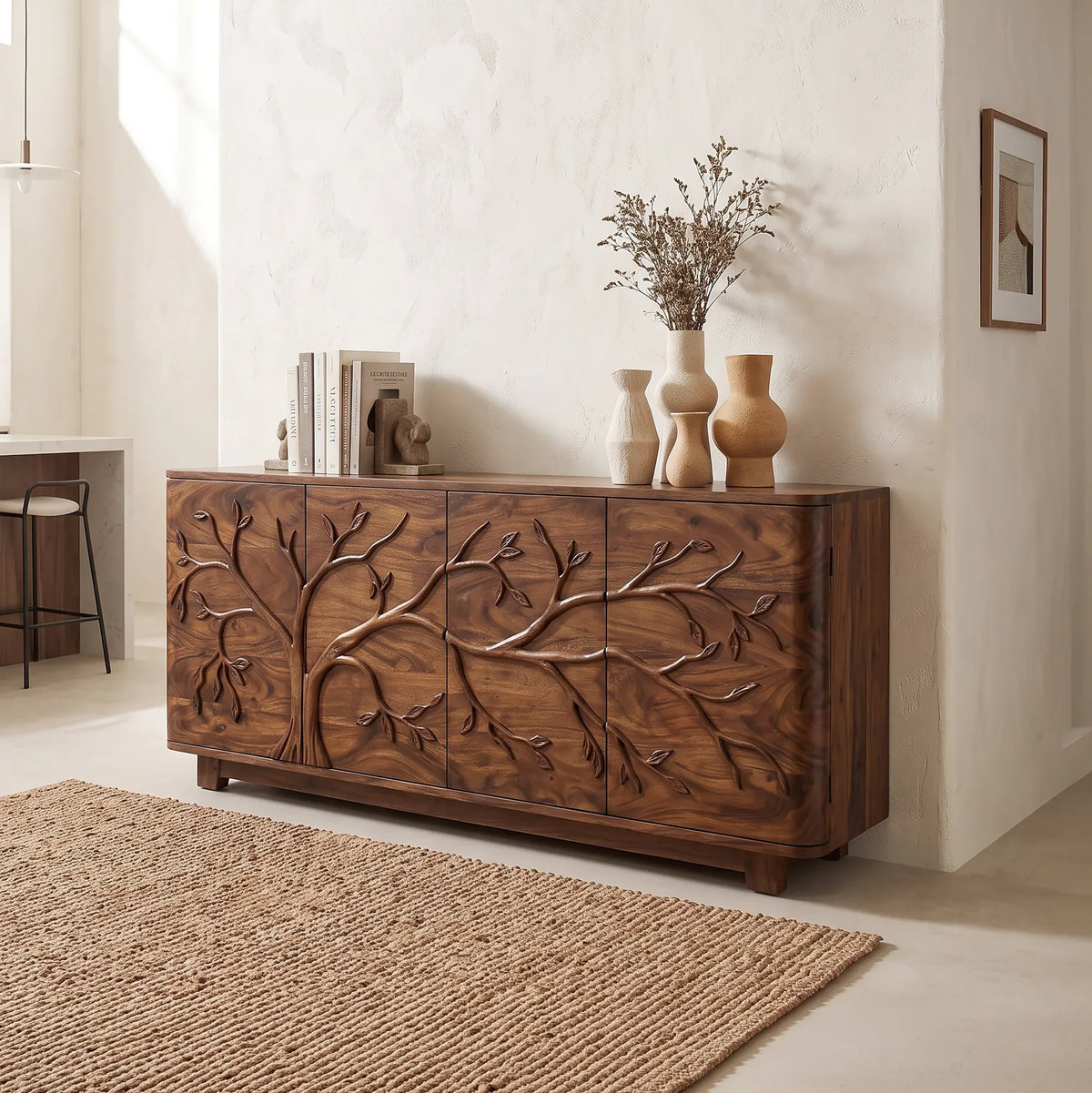 Handcrafted Tree Carved Sideboard Cabinet Dining Room