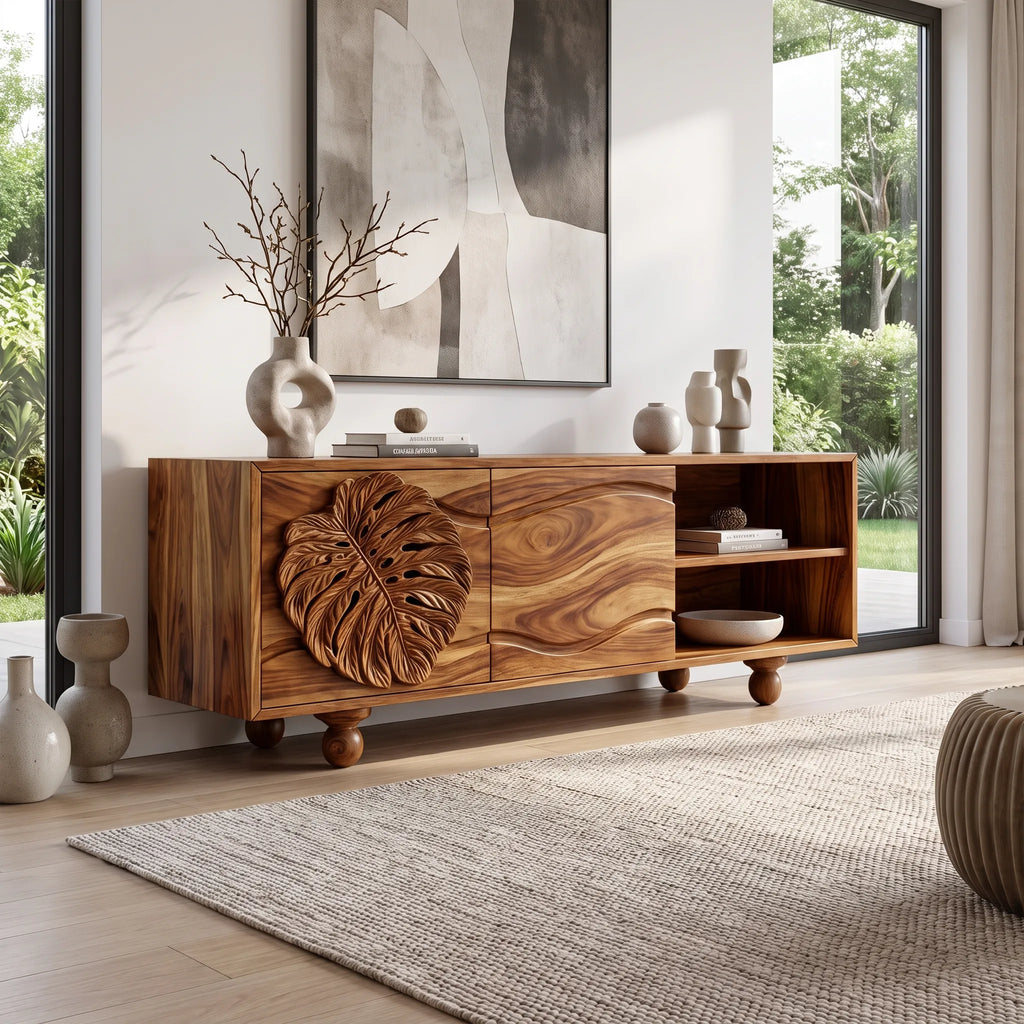 Organic Sideboard Sideboard Cabinet Modern Sideboard Leaf Carving Open Storage For Living Room
