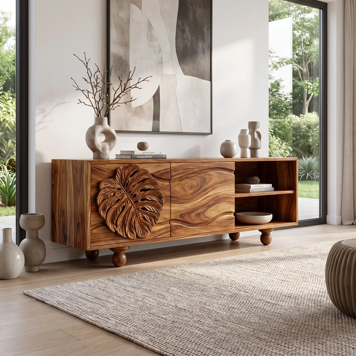 Organic Sideboard Sideboard Cabinet Modern Sideboard Leaf Carving Open Storage For Living Room