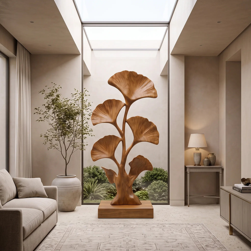 Mid Century Ginkgo Leaf Wood Sculpture For Interior Decor