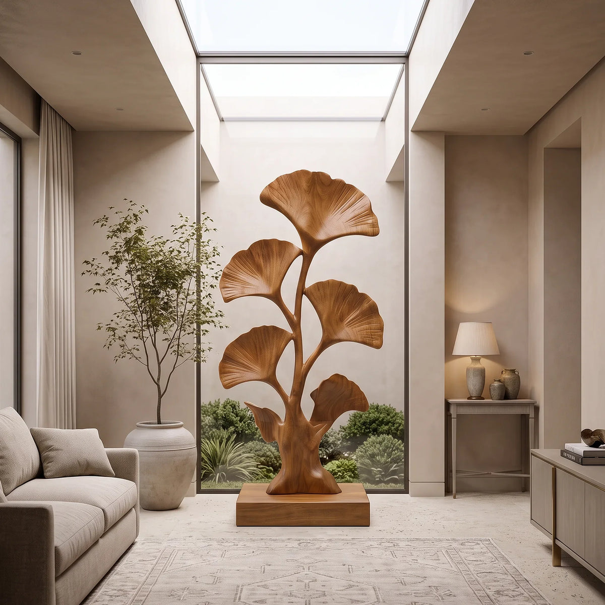 Mid Century Ginkgo Leaf Wood Sculpture For Interior Decor
