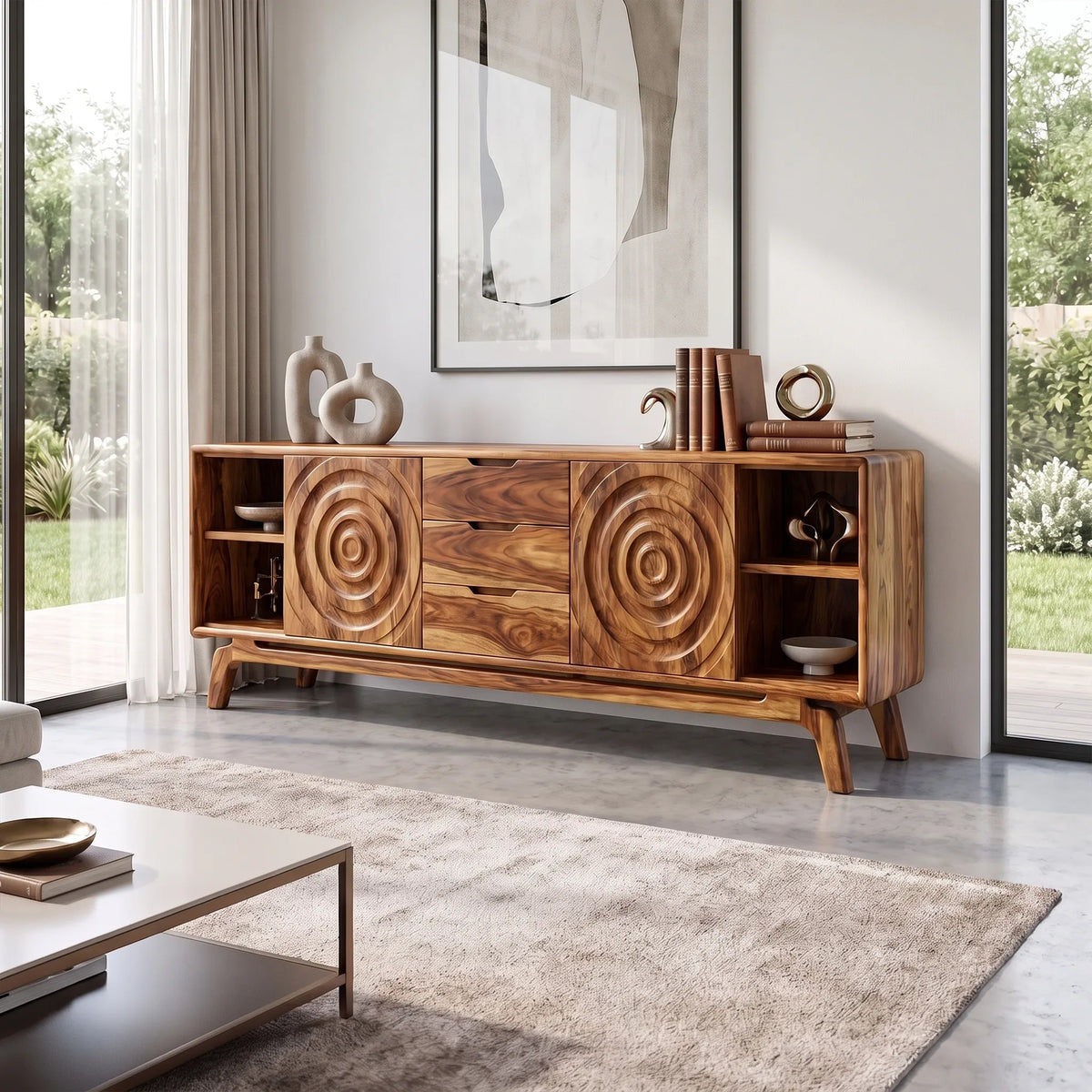 Modern Sideboard Storage Cabinet Dining Sideboard Buffet Cabinet Circle Carving For Living Room