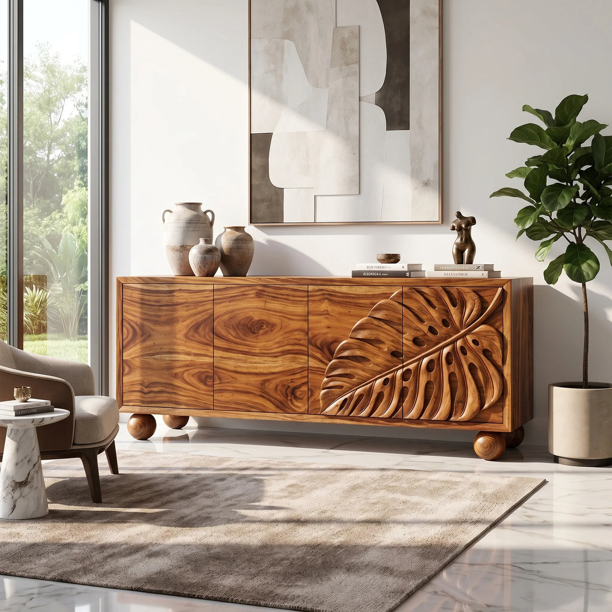 Serene Sideboard Cabinet Modern Sideboard Buffet Cabinet Monstera Carving For Living Room