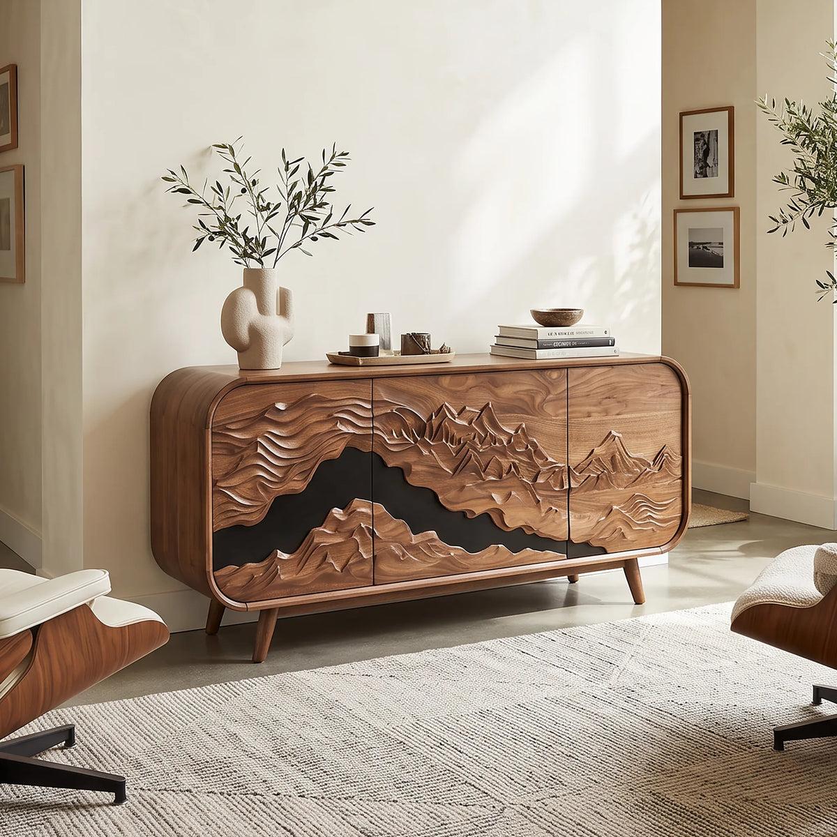 Mid Century Carved Sideboard Buffet Cabinet Living Room