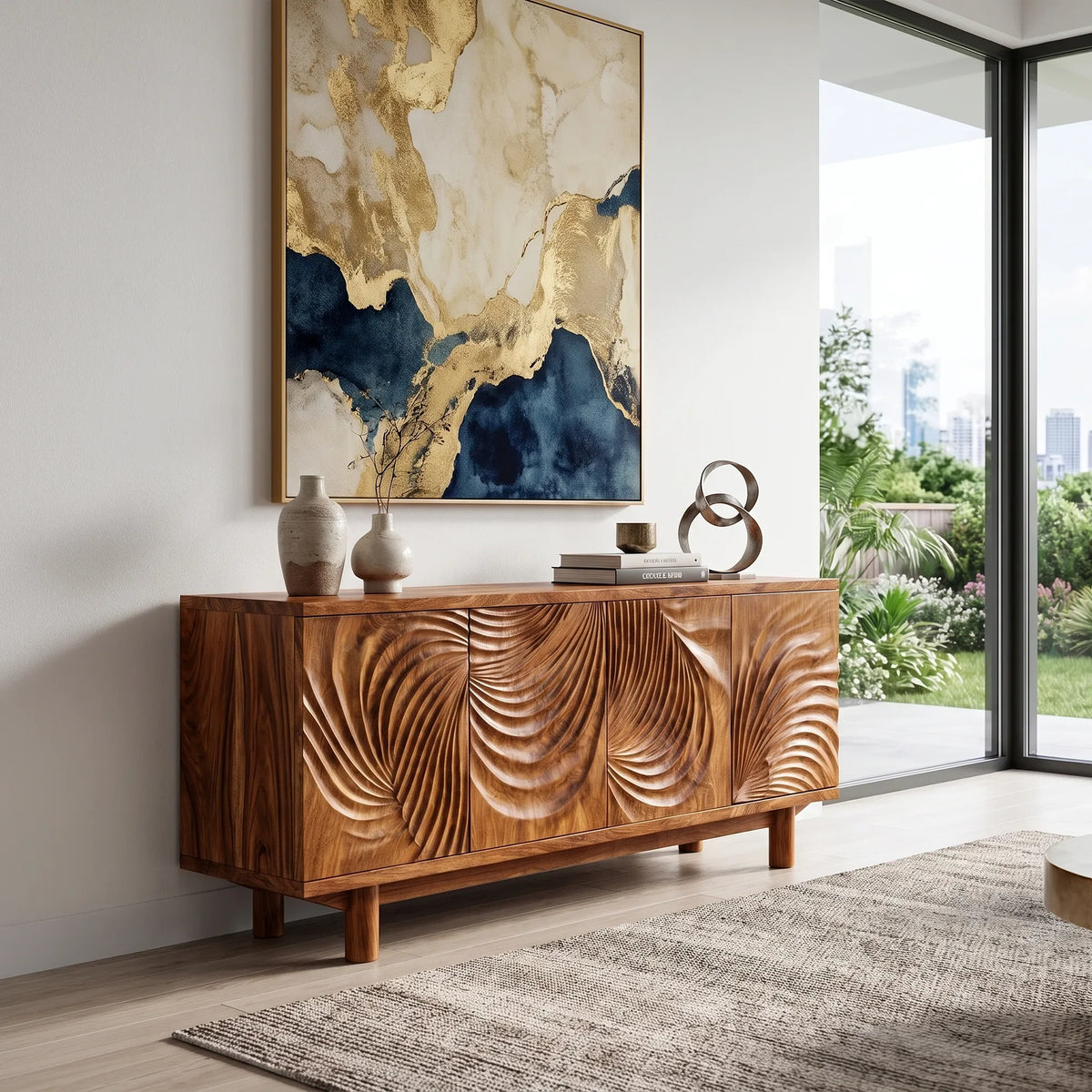 Luminous Sideboard Dining Sideboard Cabinet Buffet Cabinet Layered Wave Carving For Dining Room