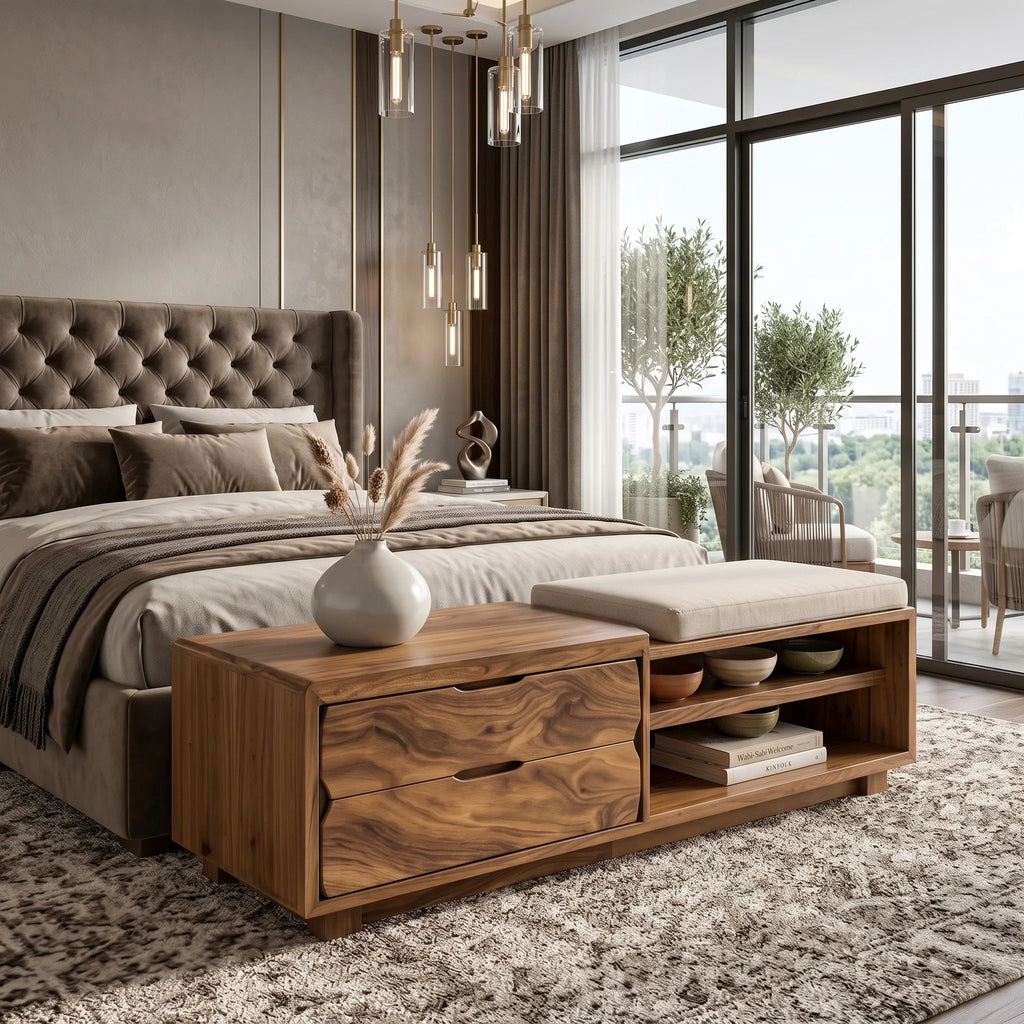 Natural Wood Storage Bench Cushion Drawers For Bedroom