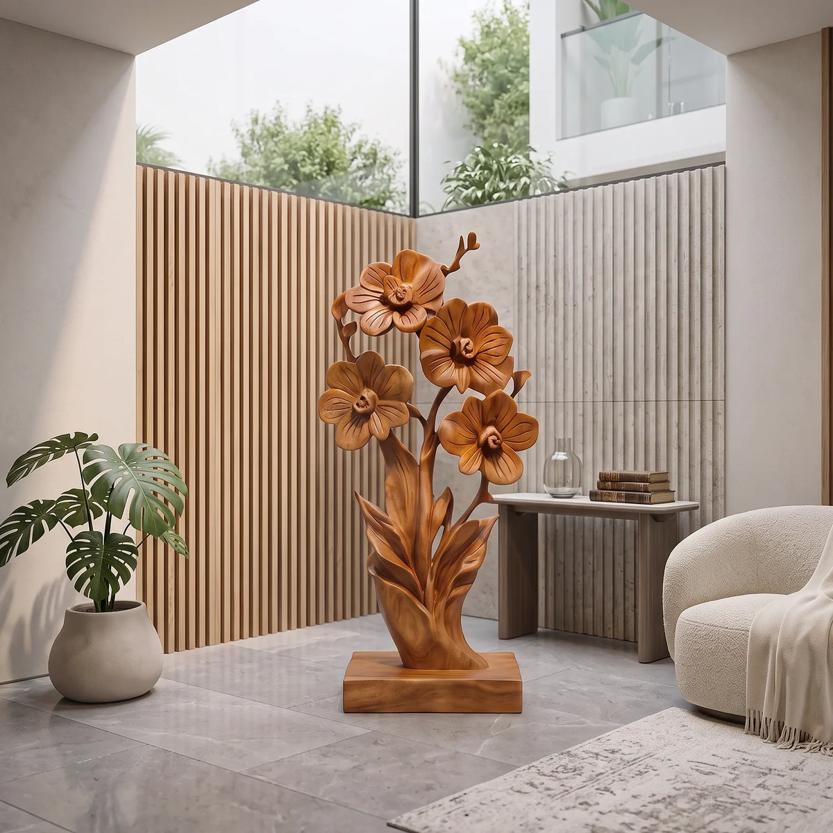 Modern Farmhouse Floral Wood Sculpture For Elegant Home Decor