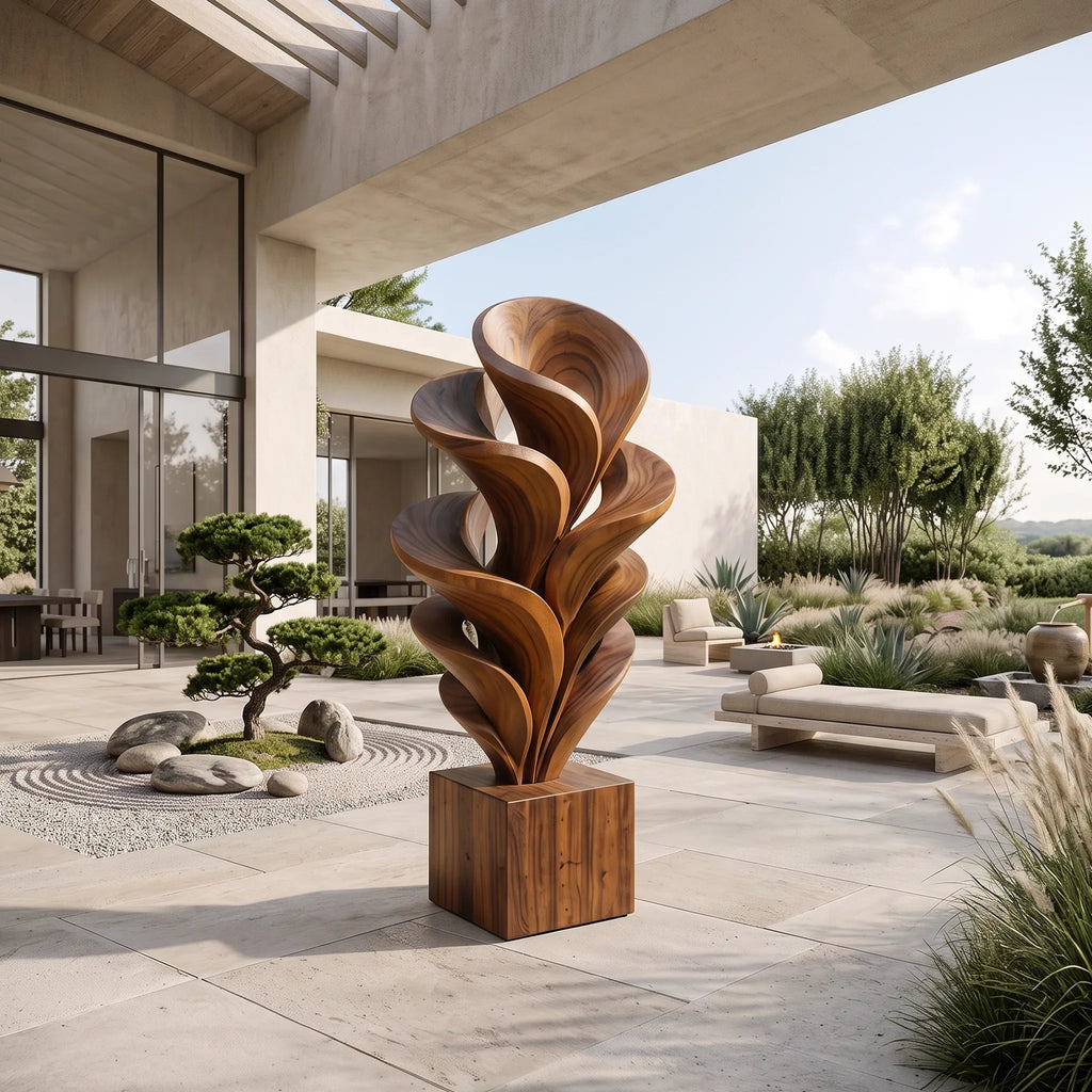 Mid Century Botanical Wood Sculpture For Modern Home Decor