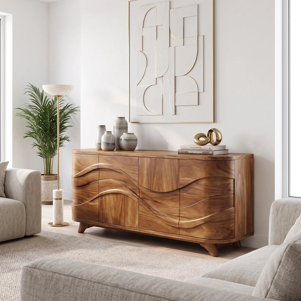 Handcrafted Wave Carved Sideboard Cabinet Living Room