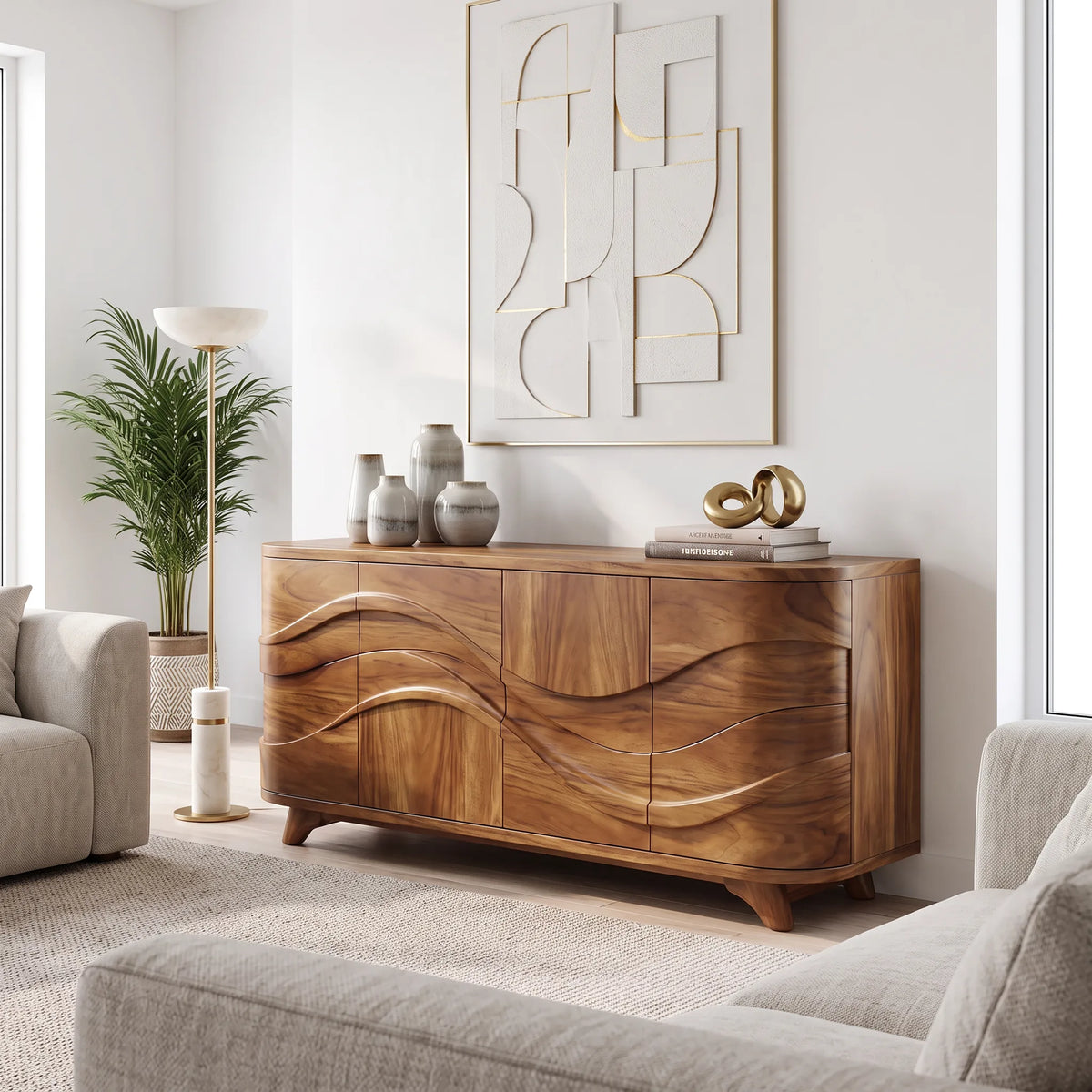 Handcrafted Wave Carved Sideboard Cabinet Living Room