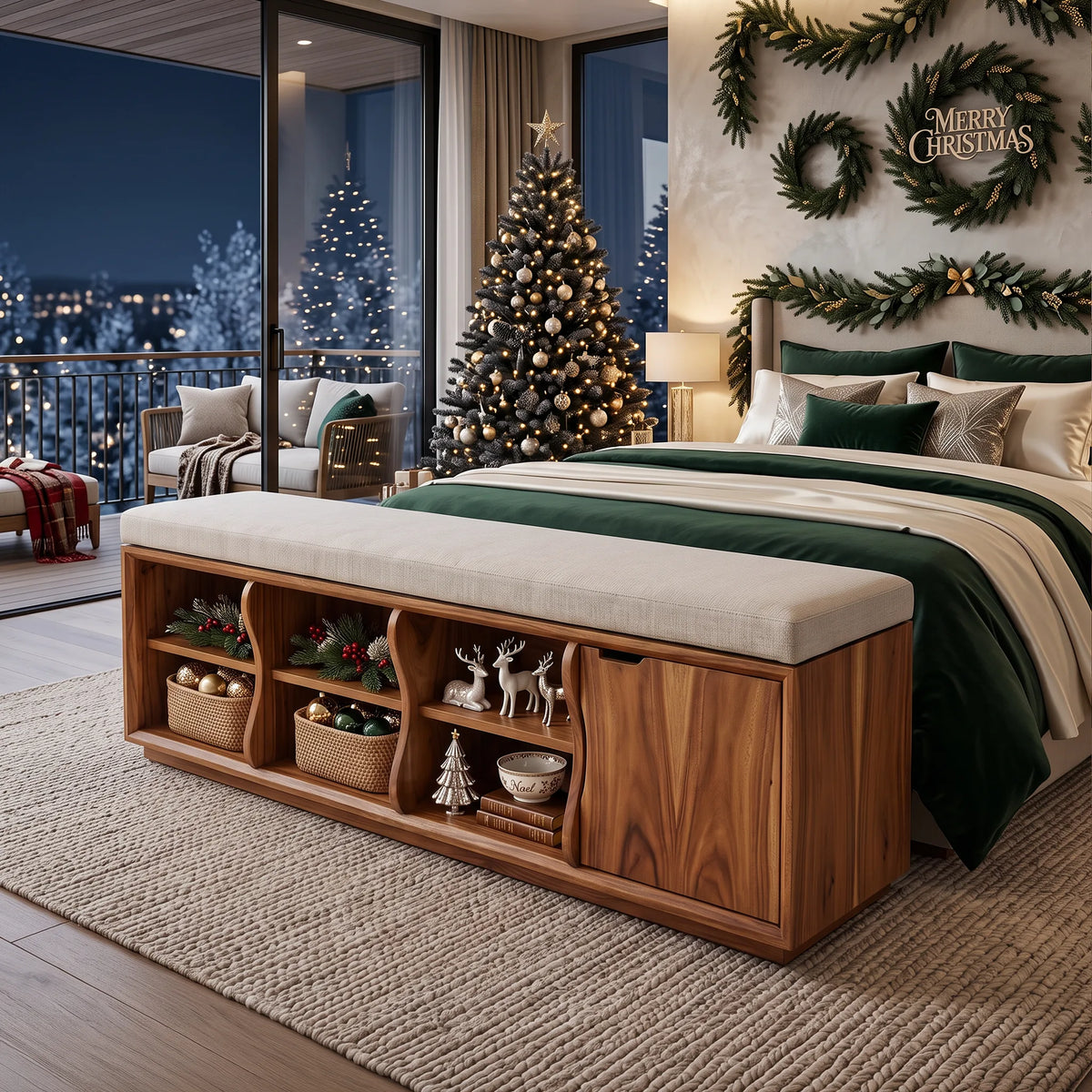 Rustic Christmas Bedroom Storage Bench Reindeer Ornament