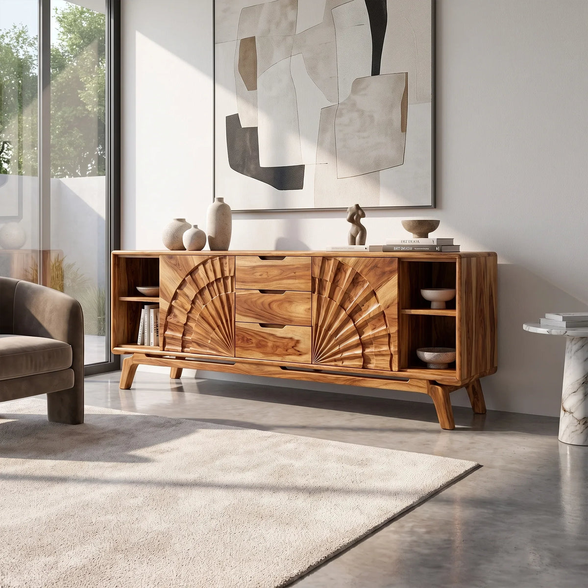Sculptural Sideboard Cabinet Dining Sideboard Buffet Cabinet Fan Carving For Living Room